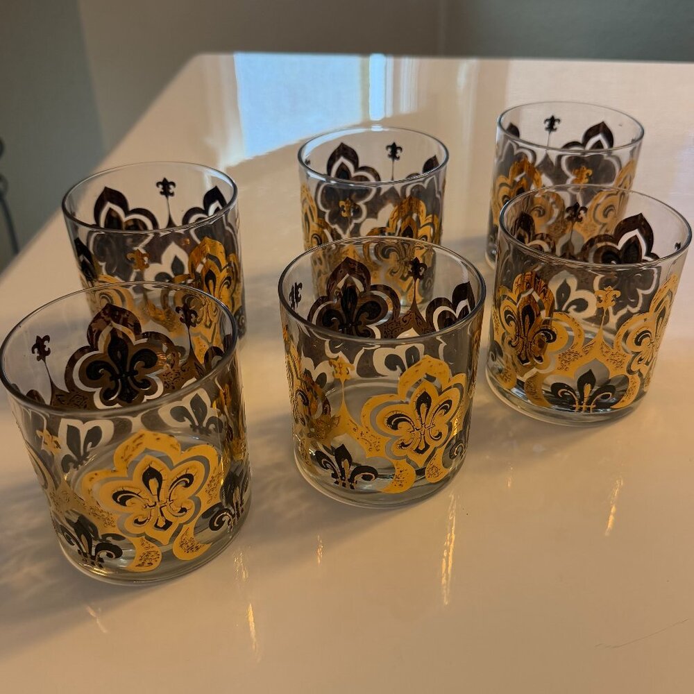 Vintage Fleur de Lis Ebony & Gold Highball Glasses Set of 6 1960s MCM Barware